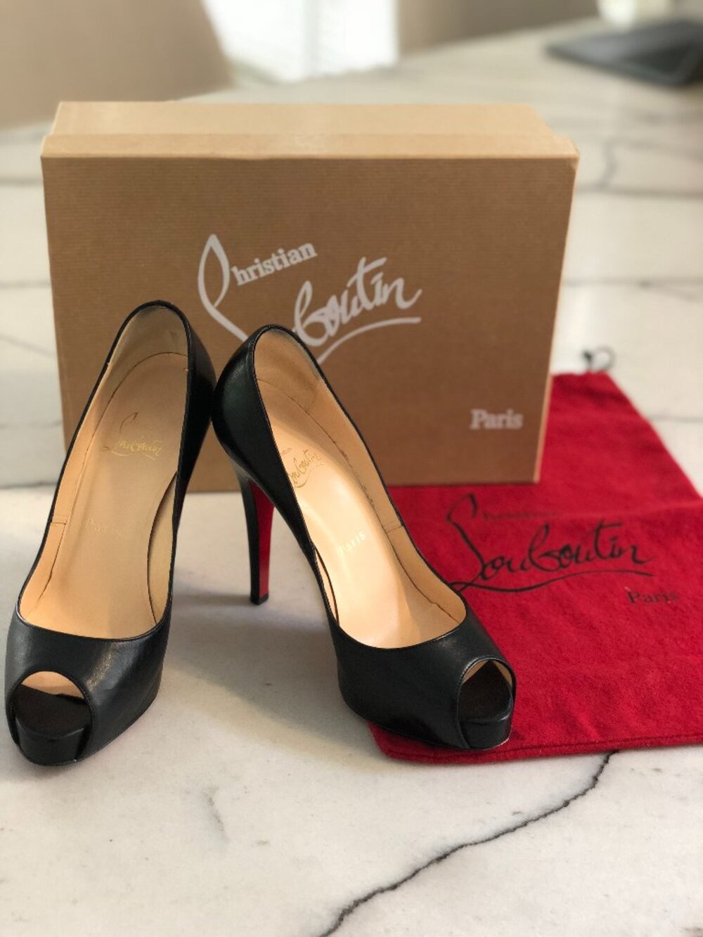 Christian Louboutin New Very Prive Peep Toe Black Heels, Size 36 (US 6)